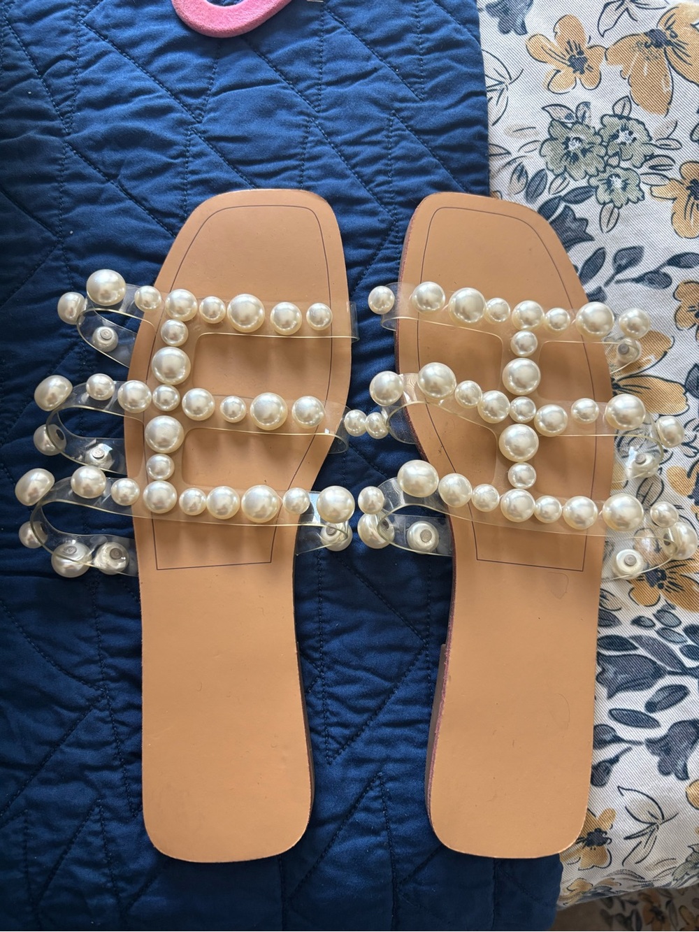 Pearl-Embellished Clear Strap Slide Sandals - Nude